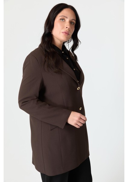 Büyük Beden Çift Düğmeli Krep Ceket-Kahve