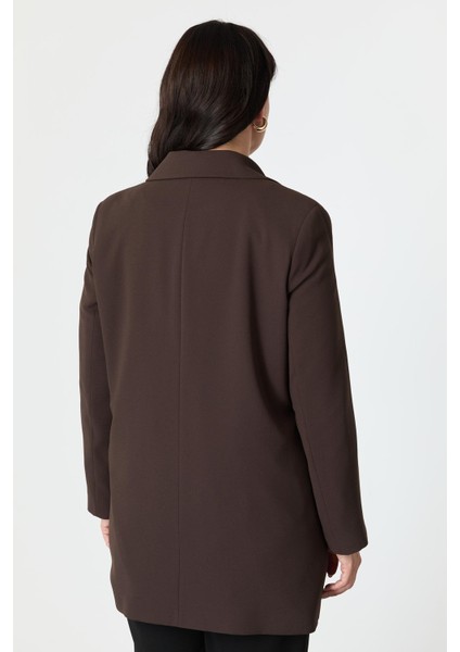 Büyük Beden Çift Düğmeli Krep Ceket-Kahve