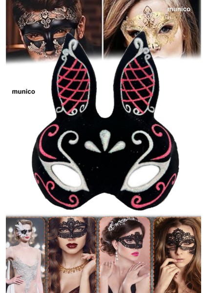 2 Adet Siyah Renk Süet Tavşan Maskesi Simli Detaylı, Ayarlanabilir Kayışlı | Maskeli Balo ve Karnaval