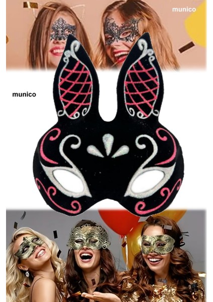 2 Adet Siyah Renk Süet Tavşan Maskesi Simli Detaylı, Ayarlanabilir Kayışlı | Maskeli Balo ve Karnaval