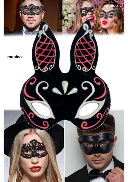 3 Adet Siyah Süet Tavşan Maskesi Kırmızı Beyaz Simli, Ayarlanabilir 18X16 cm Parti ve Balo Aksesuarı modelleri