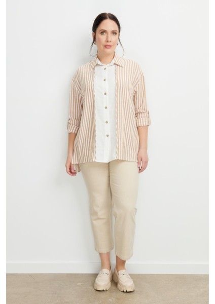 Büyük Beden Çizgi Detaylı Gömlek-Camel