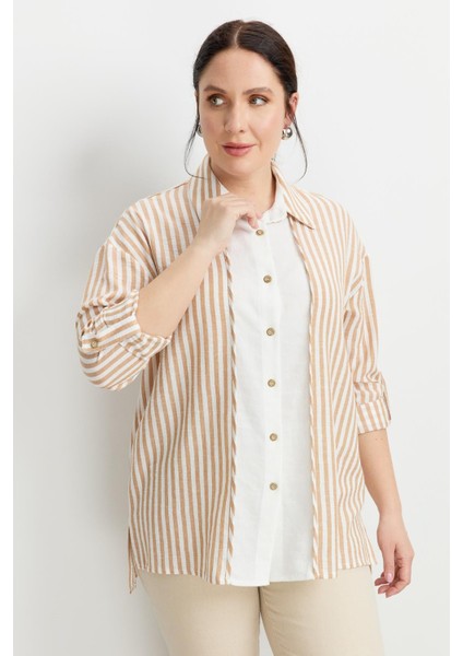 Büyük Beden Çizgi Detaylı Gömlek-Camel fiyatları