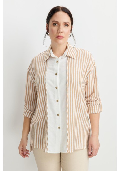 Büyük Beden Çizgi Detaylı Gömlek-Camel fırsatları