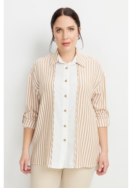 Büyük Beden Çizgi Detaylı Gömlek-Camel