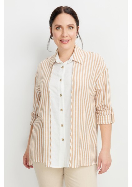 Büyük Beden Çizgi Detaylı Gömlek-Camel