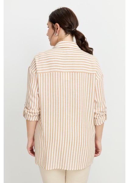 Büyük Beden Çizgi Detaylı Gömlek-Camel