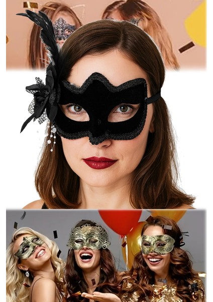 Siyah Süet Kaplama Parti Maskesi Yandan Tüylü, Beyaz Incili | 20X23 cm Maskeli Balo Aksesuar