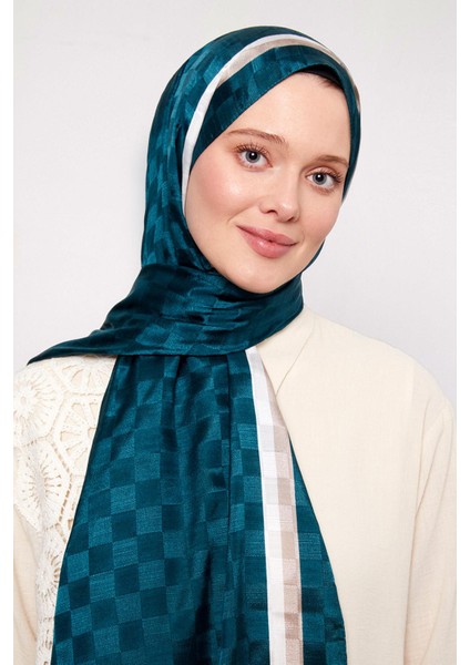 Zümrüt Çizgili Dama Desen Monogram Şal