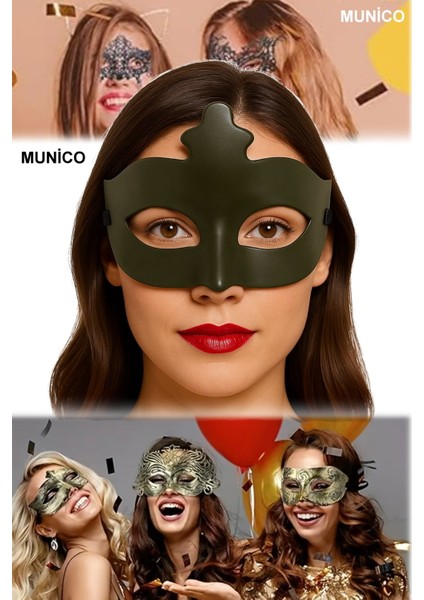 Haki Yeşil Venedik Maske – 17X10 Cm, Plastik Gövdeli | Maskeli Balo ve Kostüm Partileri Için