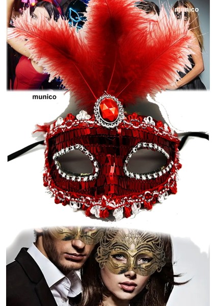 2 Adet Şık Kırmızı Parti Maskesi Tüylü ve Payetli, Plastik Gövdeli | Karnaval ve Sahne Performanslar fırsatları
