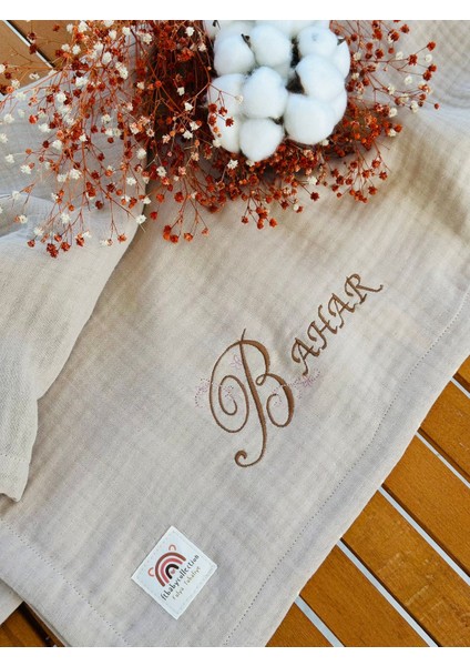 Ftbabycollection %100 Pamuk 4 Katlı Müslin Kişiselleştirilebilir Isim Nakışlı Bebek Battaniyesi 100X110 CM