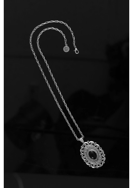 Kadın Antik Gümüş Kaplama Siyah Boncuklu Bohem Uçlu Uzun Zincir Kolye