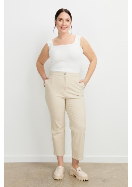 Büyük Beden Arkası Lastik Kot Pantolon-Bej