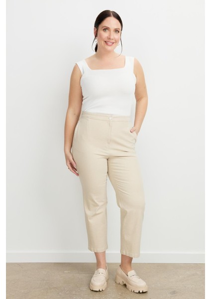Büyük Beden Arkası Lastik Kot Pantolon-Bej fiyatları