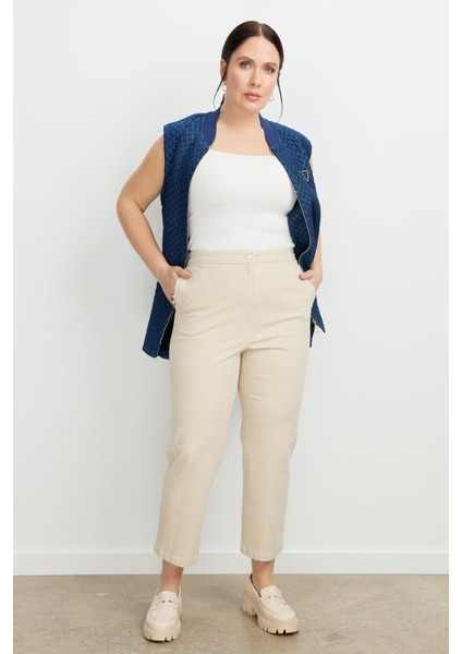 Büyük Beden Arkası Lastik Kot Pantolon-Bej fırsatları
