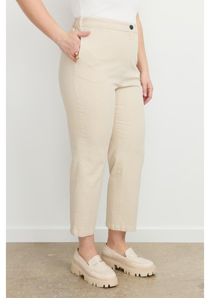 Büyük Beden Arkası Lastik Kot Pantolon-Bej