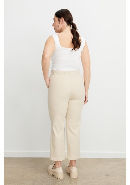 Büyük Beden Arkası Lastik Kot Pantolon-Bej