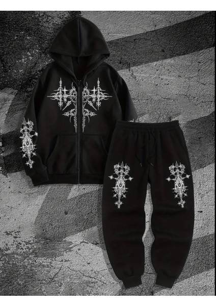 Büyük Beden Özel Tasarım Kapüşonlu Tam Fermuarlı Tribal Dikenler Baskılı Gothic Modası Erkek Kışlık Eşofman Takımı