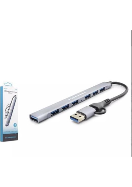Hadron HDX7857 USB + Type-C Hub 7ın1 1-Usb3.0 6-Usb2.0 Gri