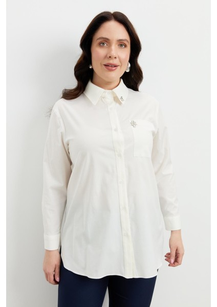 Büyük Beden Taş Detay Gömlek-Kemık