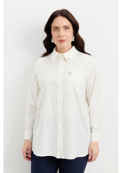 Büyük Beden Taş Detay Gömlek-Kemık fırsatları