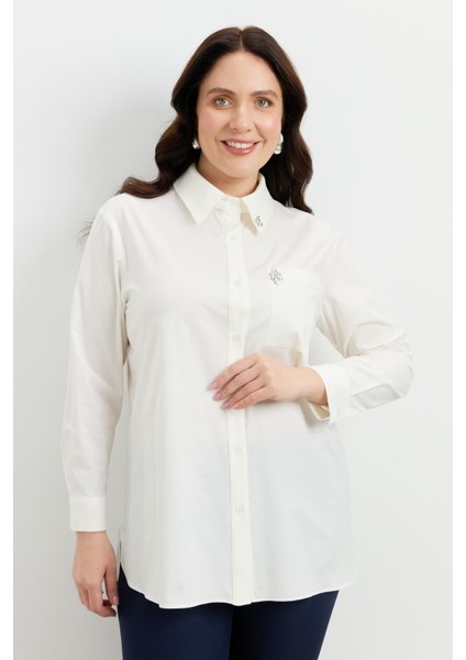Büyük Beden Taş Detay Gömlek-Kemık