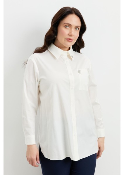 Büyük Beden Taş Detay Gömlek-Kemık
