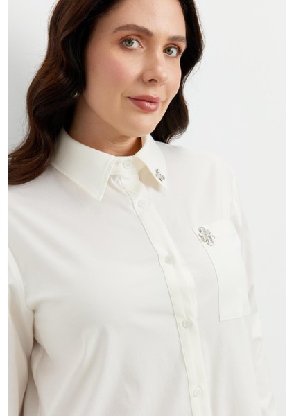 Büyük Beden Taş Detay Gömlek-Kemık