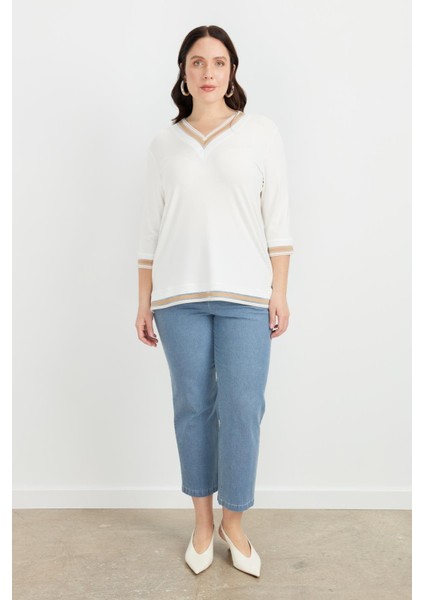 Büyük Beden Tül Şerit Detaylı Bluz-Taş