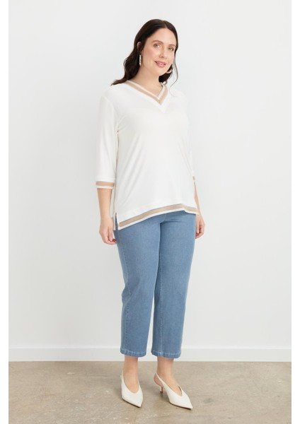 Büyük Beden Tül Şerit Detaylı Bluz-Taş fırsatları