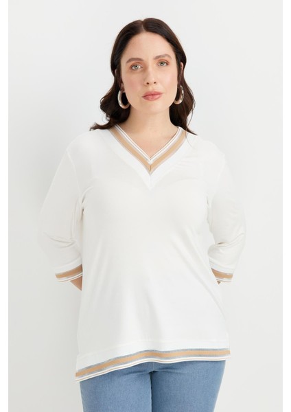 Büyük Beden Tül Şerit Detaylı Bluz-Taş indirimleri