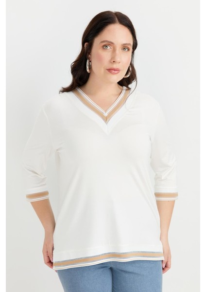 Büyük Beden Tül Şerit Detaylı Bluz-Taş