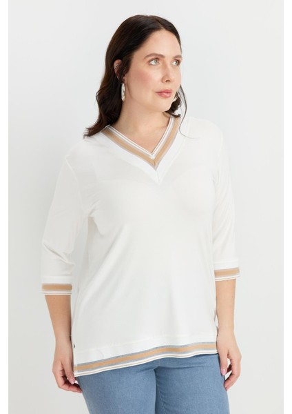 Büyük Beden Tül Şerit Detaylı Bluz-Taş