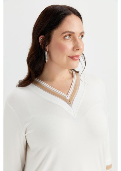 Büyük Beden Tül Şerit Detaylı Bluz-Taş