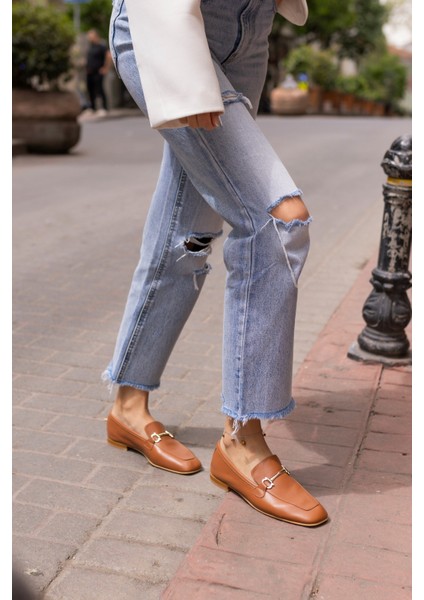 Novay Kadın Bej Gerçek Deri Loafer Babet