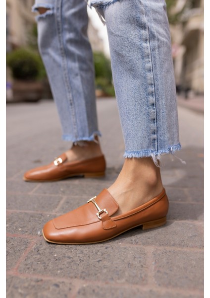 Novay Kadın Bej Gerçek Deri Loafer Babet