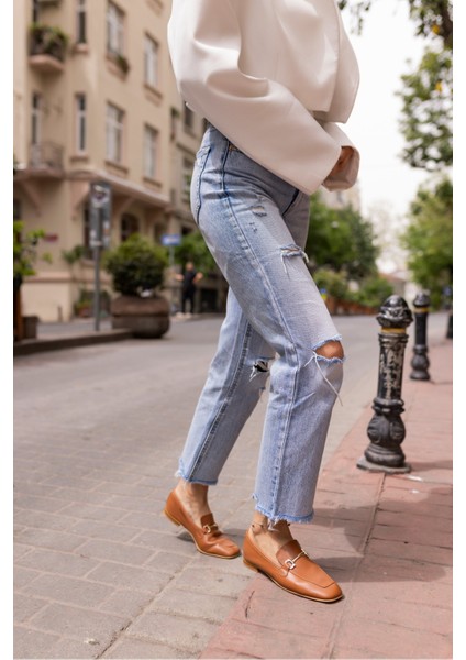 Novay Kadın Bej Gerçek Deri Loafer Babet