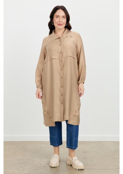 Büyük Beden Tencel Gömlek Tunik-Vizon