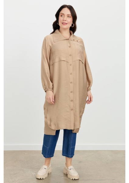 Büyük Beden Tencel Gömlek Tunik-Vizon modelleri