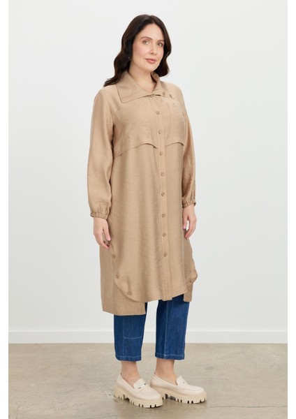 Büyük Beden Tencel Gömlek Tunik-Vizon indirimleri