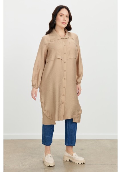 Büyük Beden Tencel Gömlek Tunik-Vizon