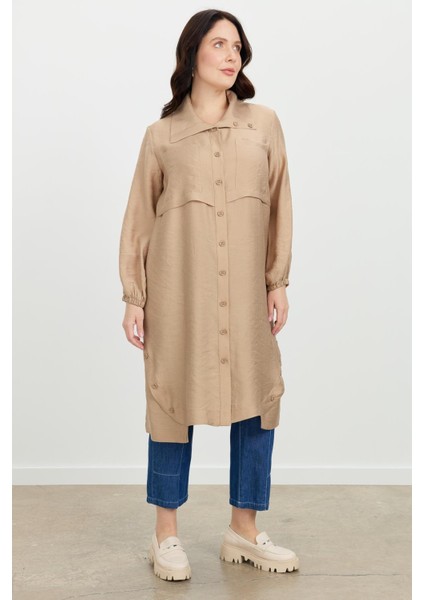 Büyük Beden Tencel Gömlek Tunik-Vizon