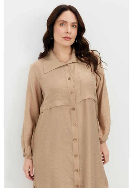 Büyük Beden Tencel Gömlek Tunik-Vizon