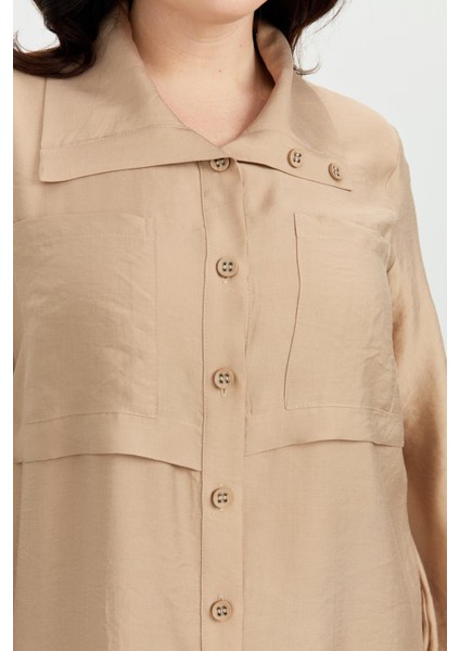 Büyük Beden Tencel Gömlek Tunik-Vizon