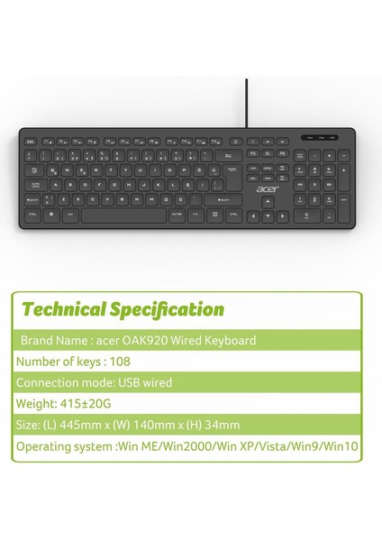 Acer OAK920 Q USB Siyah 1.8mt Kablolu Klavye-Tek Tuş Hesap Makinalı (Sessiz Tuş) fiyatları