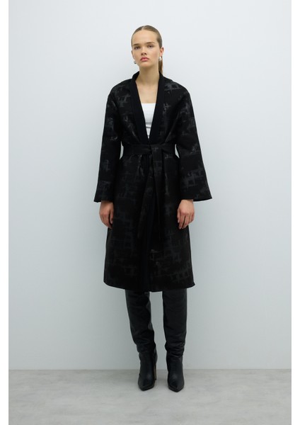 Beli Kuşaklı Şal Yaka Kap Siyah K2616306_001