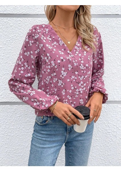 Kadın Uzun Kollu V Yakalı Çiçek Desenli Modal Bluz