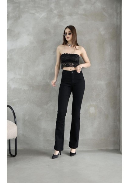 Kadın Likralı Ispanyol Pantolon Siyah