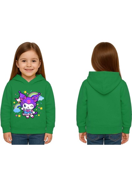 Unisex Baskılı Çocuk Swaetshirt Kapüşonlu 3 Iplik Şardonlu Kuromi Baskılı